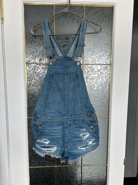 American Eagle Outfitters Distressed Denim Short Overalls - Blue